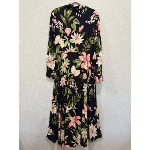 Farm Rio Floral Long Sleeve Maxi Dress Large Black Green Collar Pockets Buttons - Picture 3 of 9
